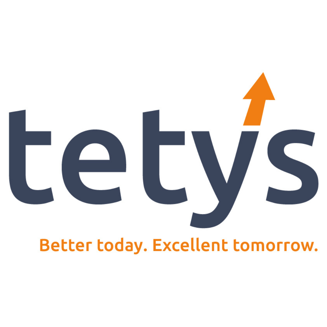 TETYS-Logo mit orangefarbenem Pfeil und dem Slogan „Better today. Excellent tomorrow.“