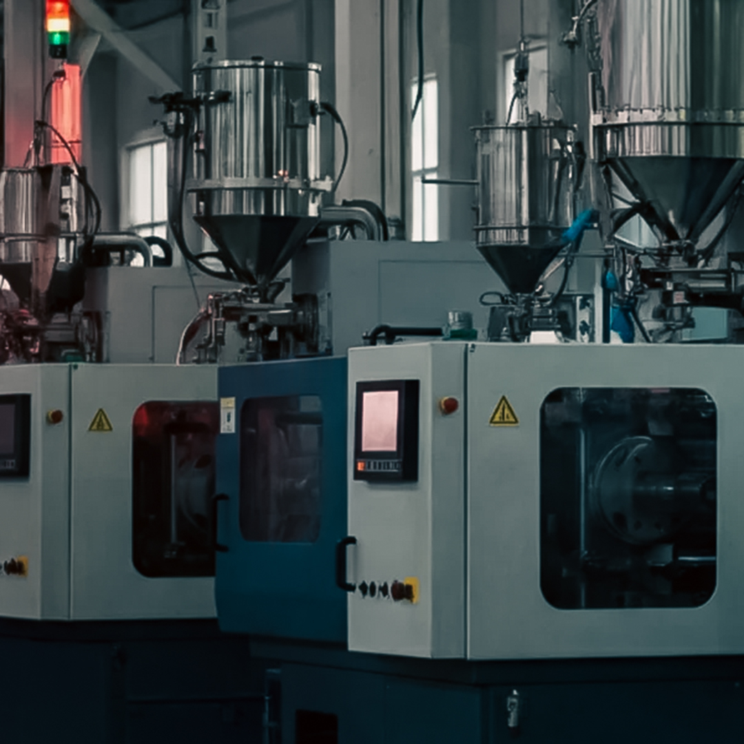 Industrielle Produktionsmaschinen mit Edelstahlbehältern und Trichtern in einer Fabrikhalle