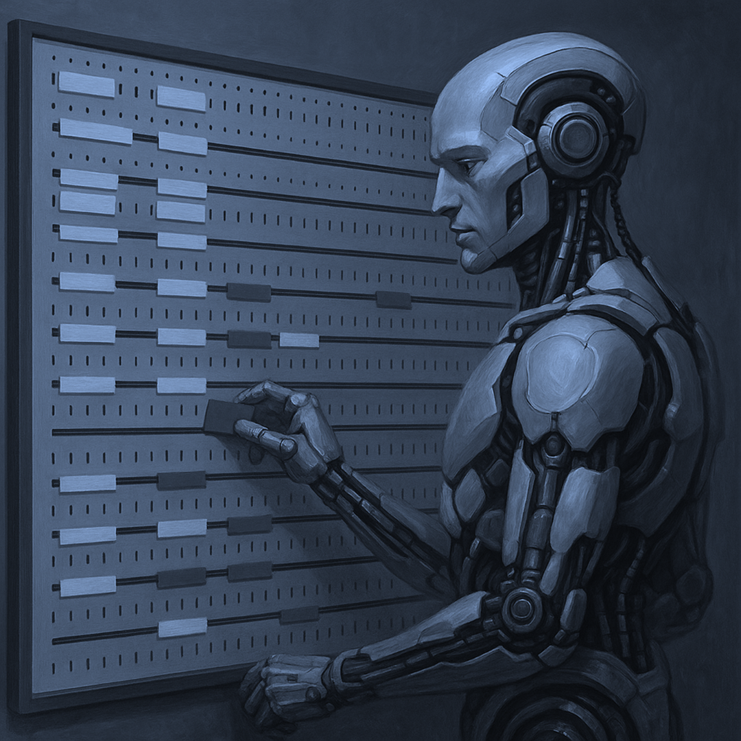 Humanoider Roboter vor einer Schalttafel mit vielen Schiebereglern