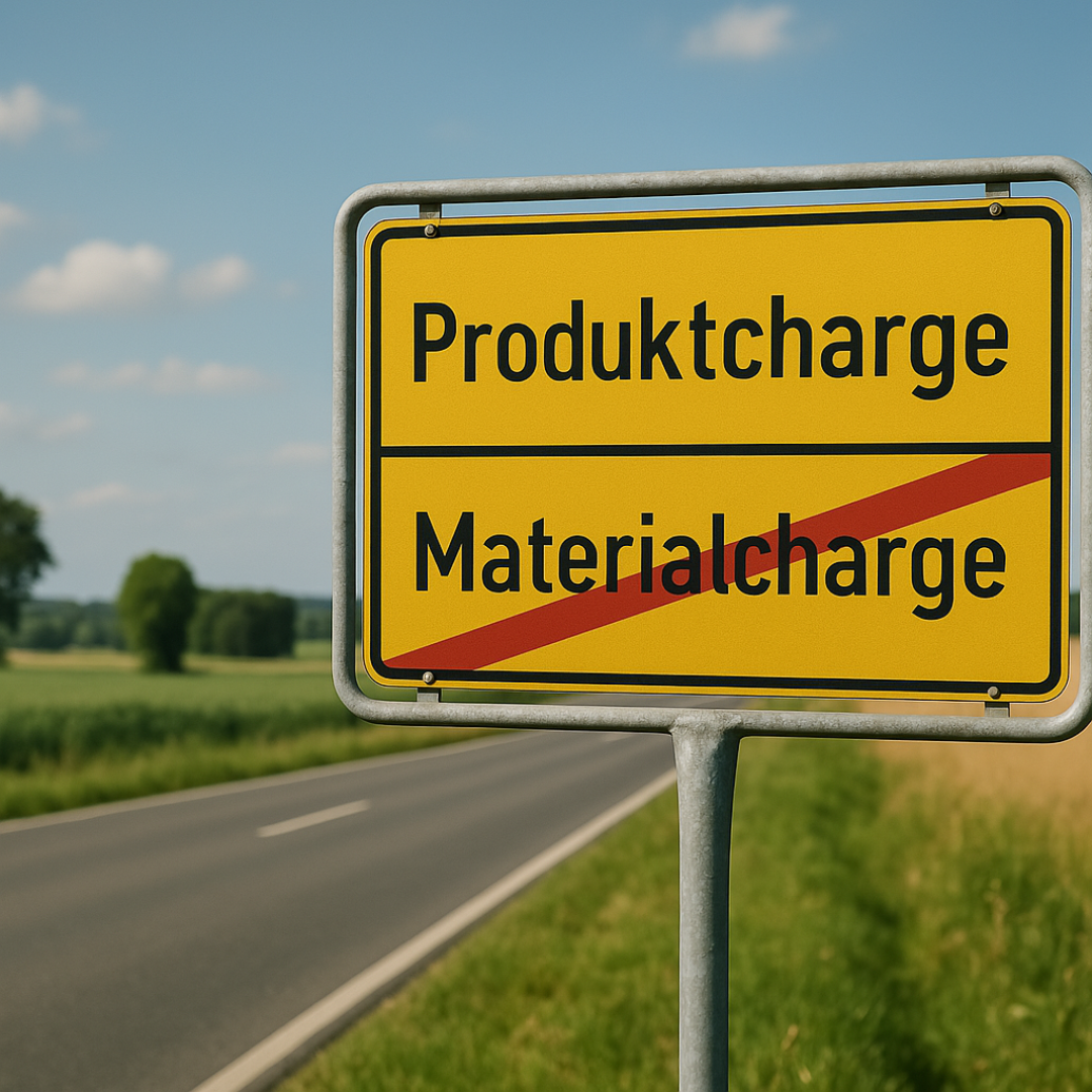 Gelbes Verkehrsschild mit den Aufschriften „Produktcharge“ und „Materialcharge“ an einer Landstraße.